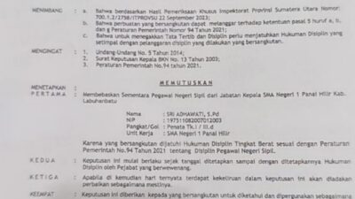 Terungkap..!! Status Kepsek SMAN 1 Panai Hilir Dibebas Tugaskan.