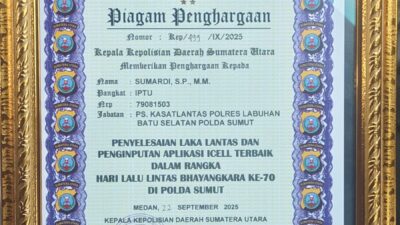 Satlantas Polres Labusel Raih Penghargaan dari Poldasu pada HUT Lalin Bhayangkara ke 70