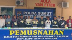 Polres Labuhanbatu Musnahkan 30 Kg Sabu dan 29 Ribu Pil Ekstasi