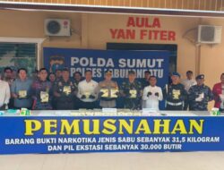 Polres Labuhanbatu Musnahkan 30 Kg Sabu dan 29 Ribu Pil Ekstasi
